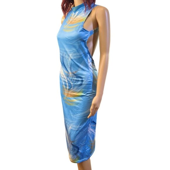 Summer Paradise Sleeveless Cut-Out Bodycon Dress in Blue/Gold Size Medium - Picture 2 of 9